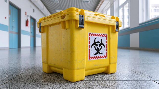 Yellow bin with biohazard symbol stands in hospital hallway.