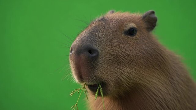 A captivating close-up of a capybara against a vibrant green backdrop, peacefully munching on grass, showcasing the calm and gentle nature of this fascinating semi-aquatic rodent
