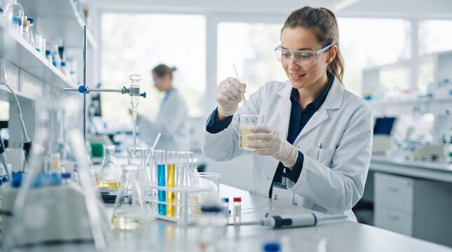 Female Scientist in Lab Coat and Goggles Mixing Chemical Solutions in Modern Laboratory