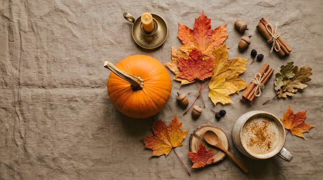 Fresh orange pumpkin with colorful autumn leaves cinnamon sticks and coffee cup on a grey wooden table