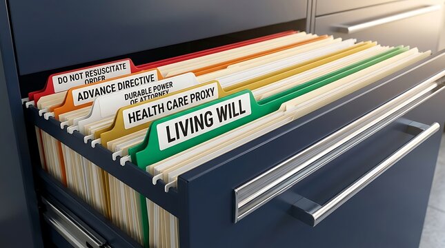 Legal documentation for estate planning with living will and advance directives in filing cabinet documents planning directives paperwork healthcare business insurance organization