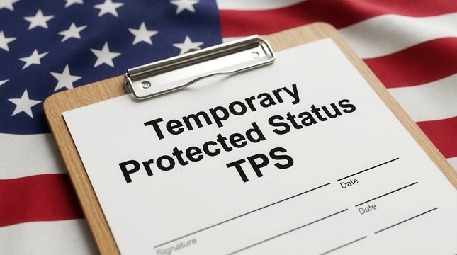 Clipboard featuring a Temporary Protected Status TPS sign set against the backdrop of an American flag.