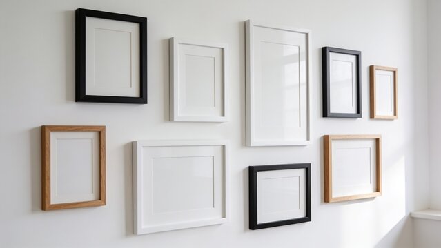 A minimalist gallery wall featuring multiple empty picture frames in assorted sizes and orientations, arranged asymmetrically on a clean white wall. Frames in matte black, white, and natural wood fini
