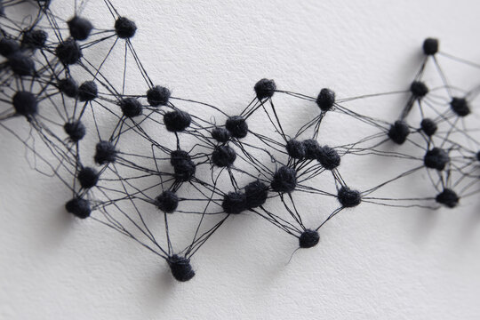 Linking entities, Network simulation, social media, Communications Network, The connection between the two networks. in paper linked together by cotton with a black yarn 
