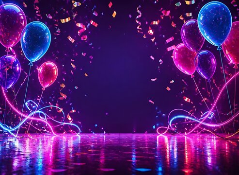 Neon celebration background with glowing balloons and festive streamer confetti for party copy space