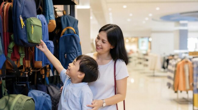 Asian Mother and Son Choosing Backpack in Mall Store