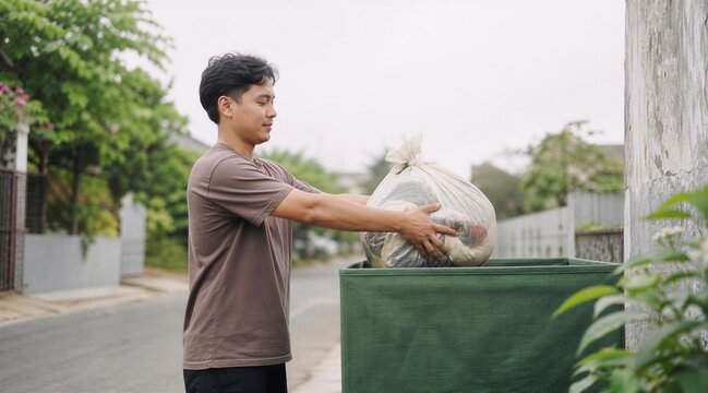 Young Man Disposing Trash Bag in Street Waste Bin Outdoors