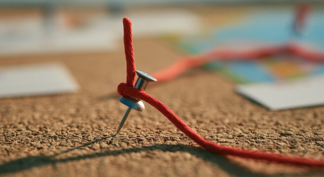Close-up of a red string pinned to a corkboard, marking a route on a map.