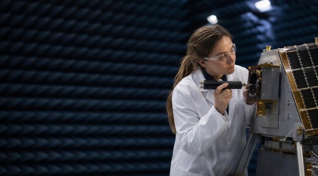 Female Engineer Testing Satellite in Anechoic Chamber Lab