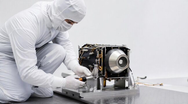 Engineer Assembling Satellite Instrument in Cleanroom