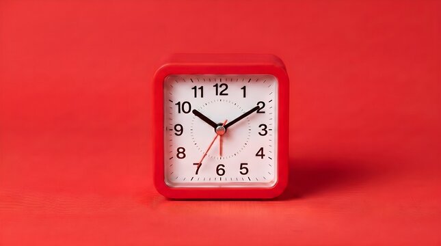 Red Square Alarm Clock on Red Background Minimalist Time Concept