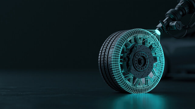 Car tire Wheel rim Digital scan 3D modeling Technology Innovation Automotive part Mechanical Engineering High tech Black background Tire tread Vehicle component Wireframe Precision Robotics