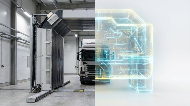 Truck Undergoing X-Ray Cargo Inspection with Digital Circuitry Overlay for Enhanced Security