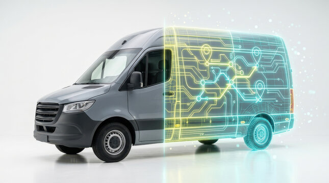 Grey Delivery Van Showing Digital Route Optimization and Smart Logistics Technology