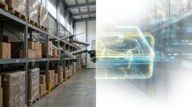 Drone Inspecting Warehouse Inventory with Digital Overlay for Smart Logistics Solutions