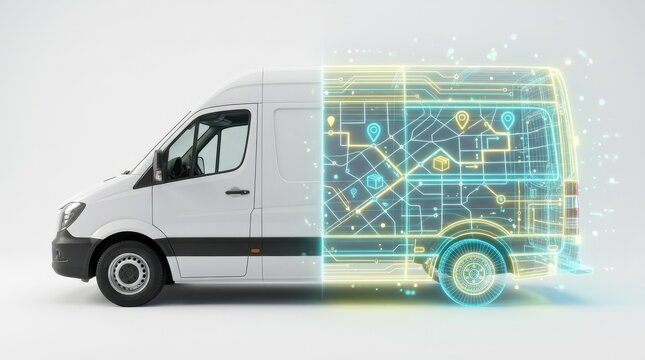 White Delivery Van with Digital Wireframe Displaying Optimized Logistics Route