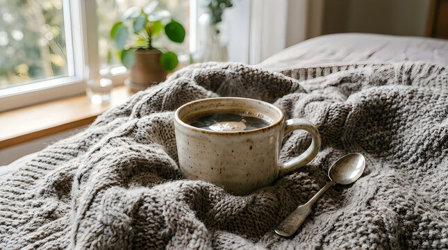 A warm cup of hot coffee with a metal spoon resting on a cozy soft grey knitted blanket by the window