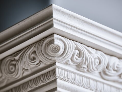 A detailed photorealistic close-up of an ornate cornice molding with soft top lighting and subtle shadows, highlighting intricate architectural patterns in a studio photoshoot.