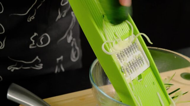 Close-up of hands using a green spiral grater to shred zucchini into a glass bowl on a wooden board in a dark kitchen, Cooking location.
