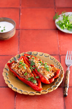 Stuffed red sweet peppers on plate on red tiles