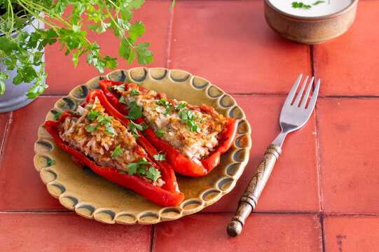 Stuffed long sweet peppers on plate on red tiles