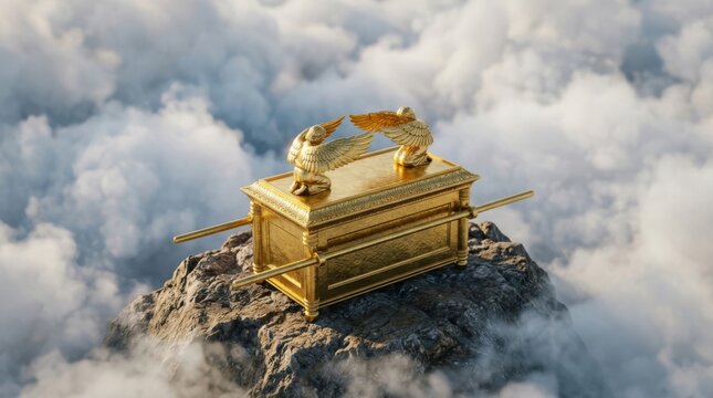 Golden ark of the covenant with cherubim on a mountain peak above clouds under a bright sky