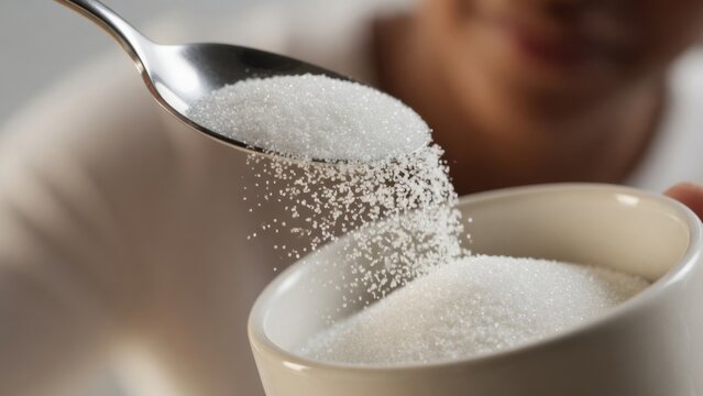 Pouring Sugar with Spoon into White Bowl