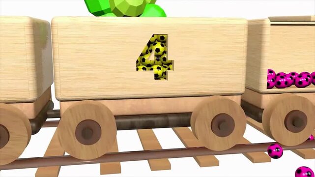 3D animation of wooden toy train wagon opening number four to spill yellow soccer balls in 4k