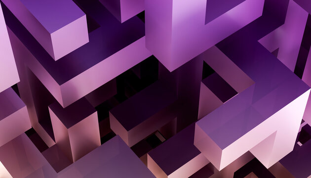 Abstract purple geometric shapes in 3D architectural render