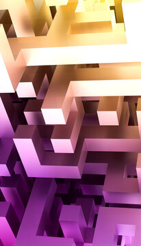 Abstract geometric structure with golden and purple illumination