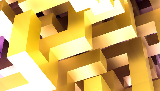 Abstract golden geometric shapes in luminous 3D render