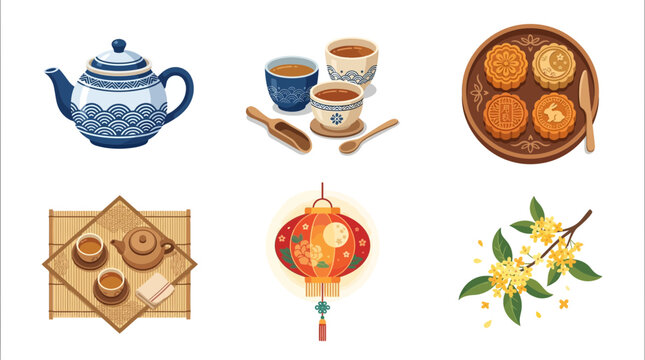 Traditional chinese tea and mooncake festive icons