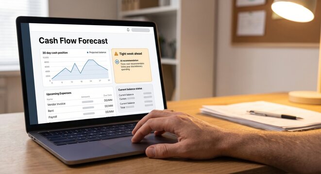Side view of male hand using laptop laptop analyzing cash flow forecast dashboard with AI recommendations and tight week warning on wooden desk