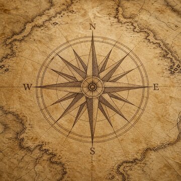 Antique compass rose on aged parchment map for navigation and exploration