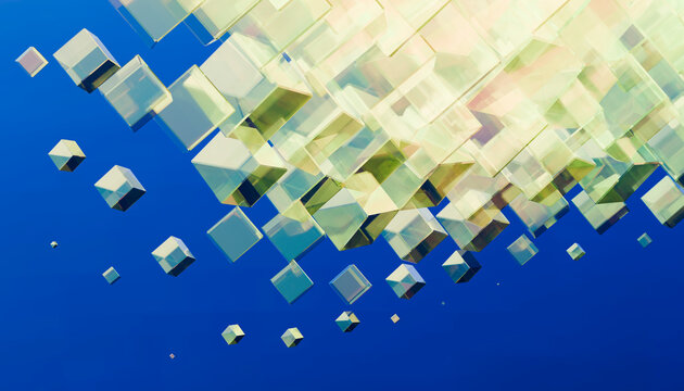 Floating translucent cubes in blue and yellow abstract space
