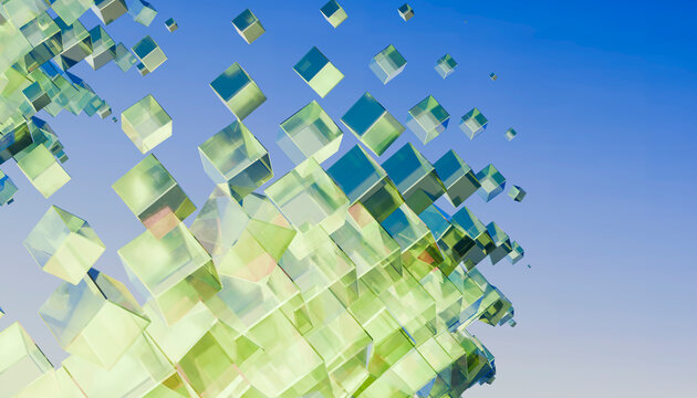 Translucent yellow and blue cubes in abstract composition