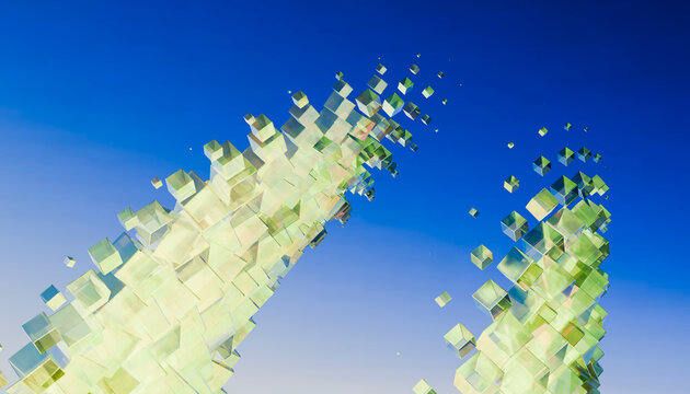 Abstract yellow and blue cubes against deep blue background