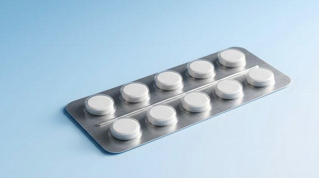 Blister pack of white pills on light blue background