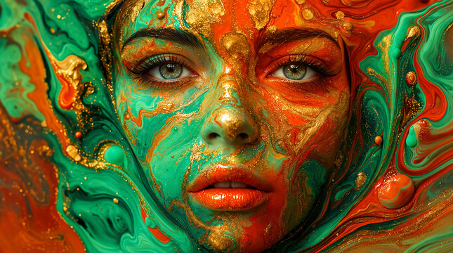 Close-up artistic portrait of a woman's face covered in swirling teal orange gold liquid paint and glitter with striking green eyes
