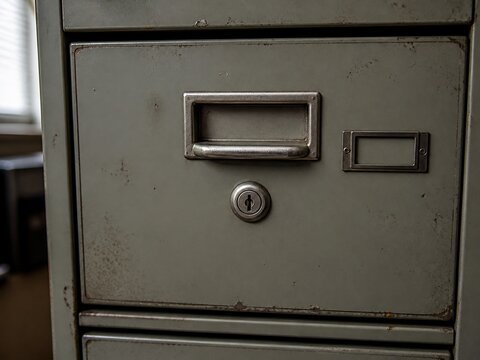 Close up of an old metal file cabinet with lock and handle
