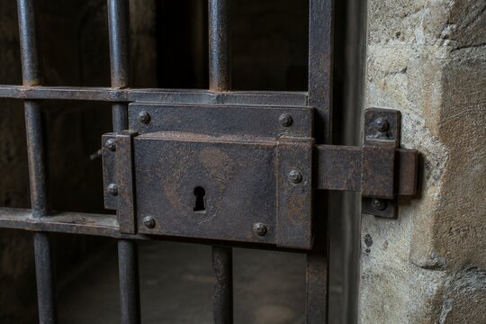 Close-up of a heavy old prison cell lock on a metal bar gate with stone wall
