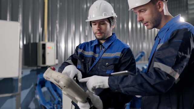 Robotics technicians team use teach pendant to customer specifications on customized welding robot in warehouse. checking software, robotics control, system integration
