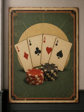 Retro casino poster with four aces and poker chips on a distressed green background