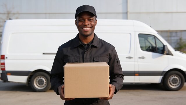 Logistics employee posing proudly in front of modern cargo van under natural sunlight.