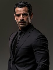 Fototapeta premium A confident Hispanic businessman wearing a black suit posed in a studio setting with soft lighting, highlighting sharp details and professional demeanor.