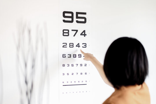 Rear view of woman pointing at eye test chart with numbers on white wall, vision and eye care concept