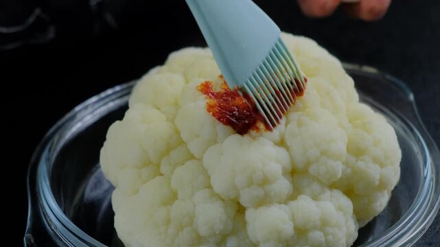 Close-up of hand basting white cauliflower florets with red-orange sauce using a brush in a glass bowl during cooking in a kitchen.