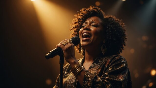 Passionate Female Singer Performing on Stage with Microphone