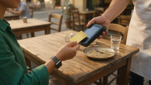 Diner paying bill with credit card on payment terminal at restaurant table, digital finance and hospitality commerce