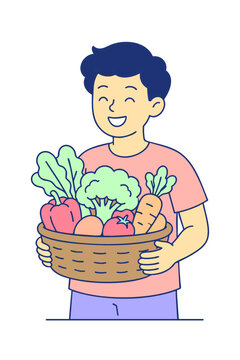 Happy Boy Holding Basket Full of Fresh Vegetables and Fruits, Healthy Eating Concept